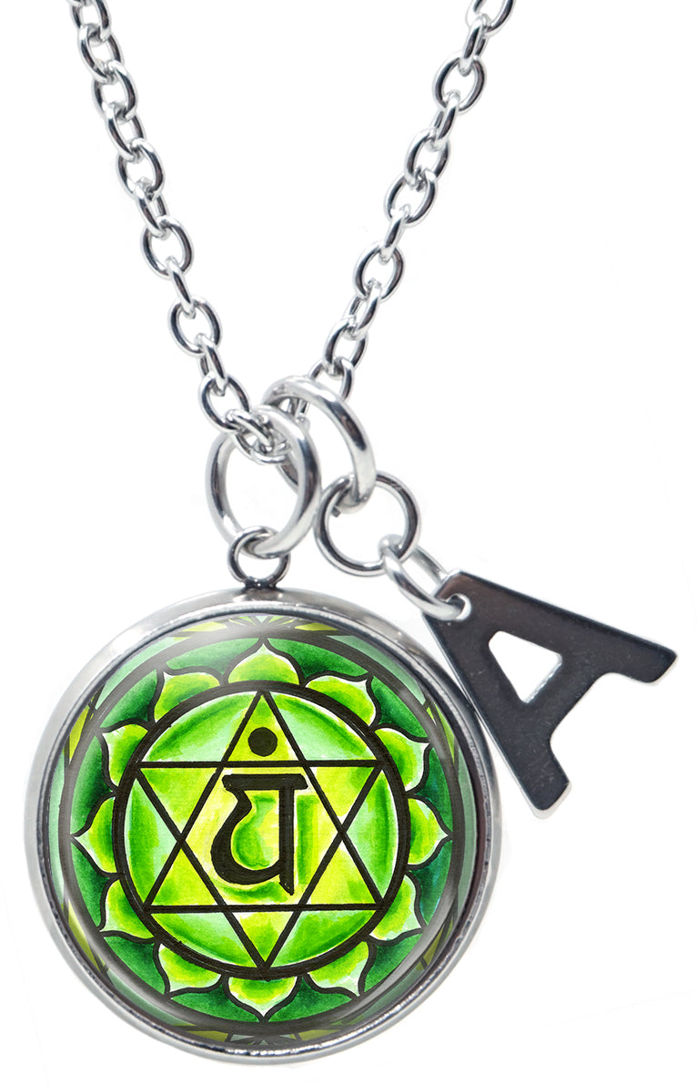 My Altar Anahata 4th Chakra Green Heart Pendant & Initial Charm Steel 24" Necklace