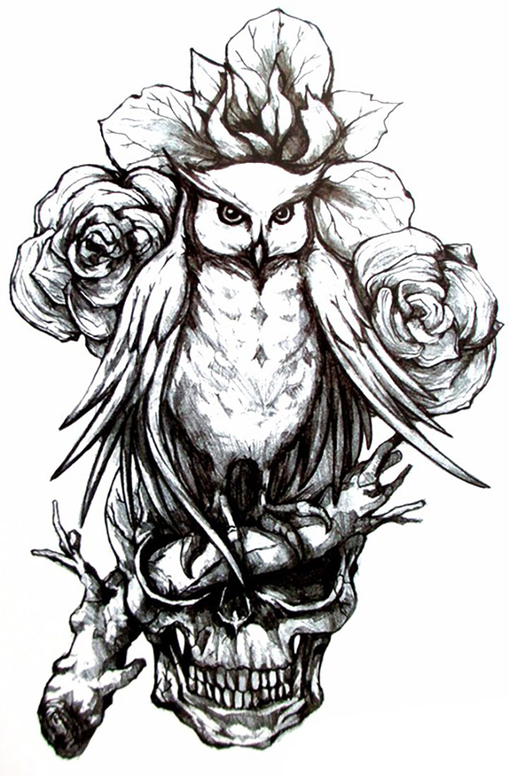 Owl Bouquet Skull Branch Carnal Wisdom Large 5" x 7 3/4" Waterproof Temporary Tattoos