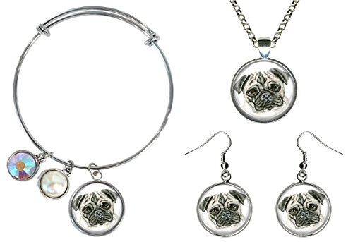 My Altar Pug Dog Pendant Necklace, Bangle Bracelet, Hypoallergenic Steel Earrings Set