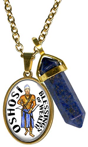 Magical Mode Oshosi Orisha of Blessings for Wealth Glass Steel Pendant & Lapis Lazuli Gemstone Point Gold Necklace