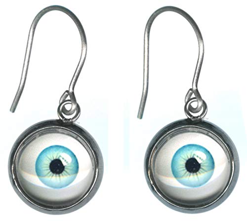 Small Light Blue Glass Eye Ball Steel Charm and Titanium Earrings Hypoallergenic for Sensitive Ears