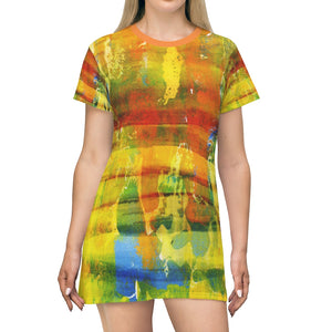Bright Abstract Watercolor Women's All Over Print T-Shirt Dress
