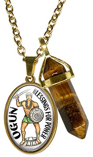 Magical Mode Ogun Orisha for Blessings of Power Glass Steel Pendant & Tigers Eye Gemstone Point Gold Necklace