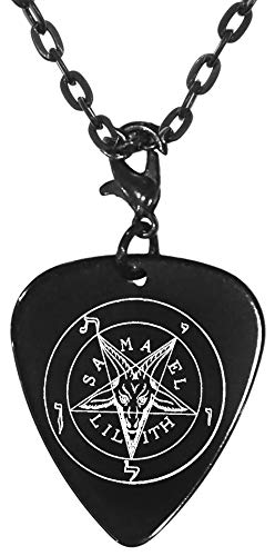 Samael and Lilith Inverted Pentagram Baphomet Sigil Black Guitar Pick Clip Charm on 24" Chain Necklace