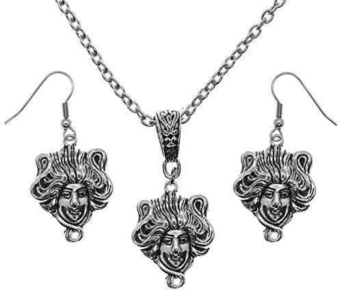 Art Deco Nouveau Goddess Silver Charm Chain Necklace and Earrings Set