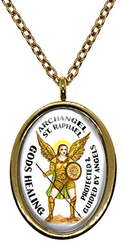 My Altar Archangel St Raphael Gods Healing Protected by Angels Gold Steel Pendant Necklace