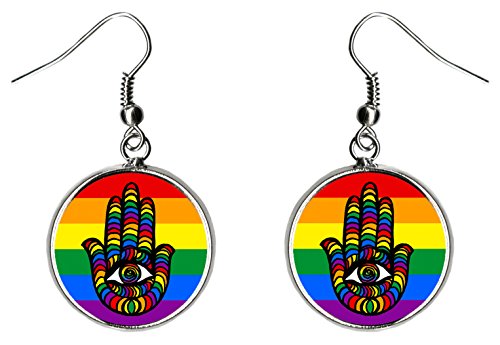 LGBT Rainbow Pride Protection Hamsa Silver Hypoallergenic Steel Earrings