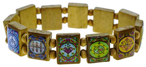 My Altar Voodoo Veve Magic Marie Laveau Sirene Loko Marassa Brown Wood Stretch Bracelet