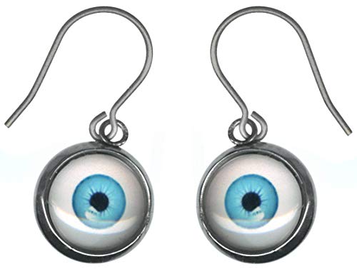 Small Blue Glass Eye Ball Steel Charm and Titanium Earrings Hypoallergenic for Sensitive Ears