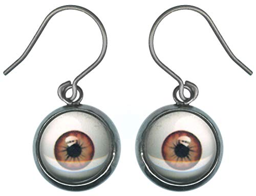 Small Brown Glass Eye Ball Steel Charm and Titanium Earrings Hypoallergenic for Sensitive Ears