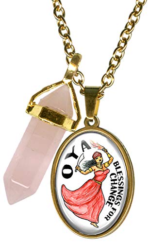 Magical Mode OYA Orisha for Blessings of Change Glass Steel Pendant & Rose Quartz Gemstone Point Gold Necklace