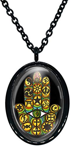 My Altar Interfaith Unity Evolved Spiritually Open Minded Hamsa Black Stainless Steel Pendant Necklace