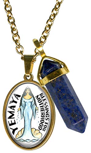 Magical Mode Yemaya Orisha for Blessings of Motherhood Glass Steel Pendant & Lapis Lazuli Gemstone Point Gold Necklace