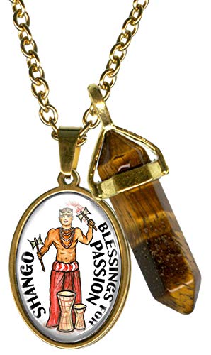 Magical Mode Shango Orisha for Blessings of Passion Glass Steel Pendant & Tigers Eye Gemstone Point Gold Necklace