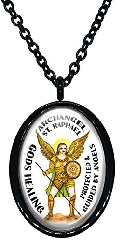 My Altar Archangel St Raphael Gods Healing Protected by Angels Black Steel Pendant Necklace