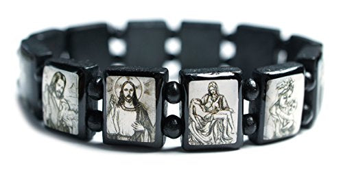 Jesus and Mary Black Bohemian Wood Stretch Prayer Bracelet