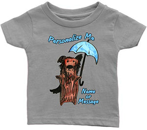 Whimsical Shaggy Dog Holding Blue Umbrella Infant or Toddler T-shirt with Optional Name or Message Personalization Customization