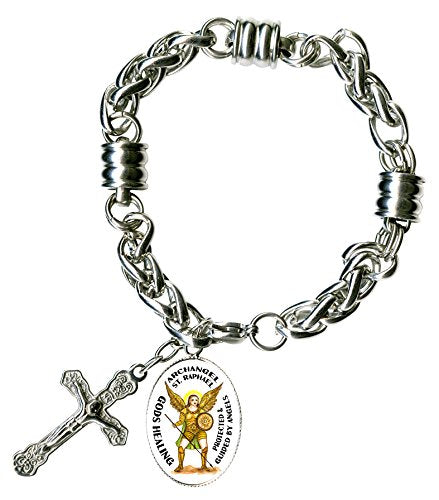 My Altar St Raphael Archangel Gods Healing Charm & Cross Stainless Steel 7" to 8" Bracelet