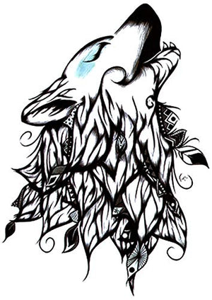Boho Howling Wolf Black White Blue Large 5 1/2" x 7 1/2" Temporary Tattoos 2 Sheets