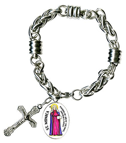 St Monica for Abuse Victims, Mothers, Wives & Cross Steel 7" to 8" Bracelet