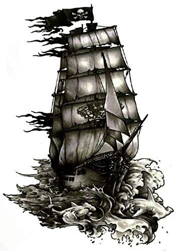 Large 5" x 7" Pirate Ship Black Waterproof Temporary Tattoos 2 Sheets