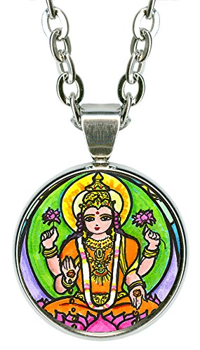 Fortune Goddess Lakshmi 5/8" Mini Stainless Steel Silver Pendant Necklace
