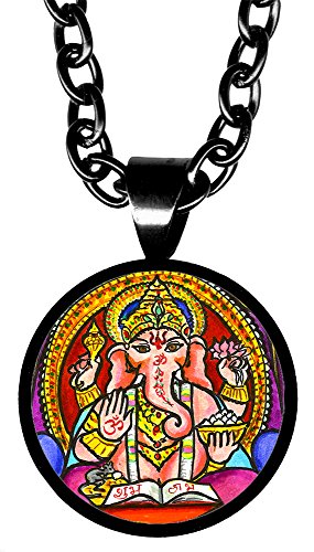 Lord Ganesh for Wisdom 5/8" Mini Stainless Steel Black Pendant Necklace
