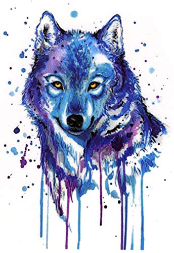 Blue Violet Wolf Watercolor Splash Temporary Tattoos 2 Sheets