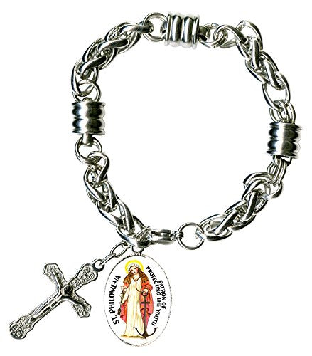 St Philomena for Protecting The Youth Charm & Cross Stainless Steel 7" to 8" Bracelet