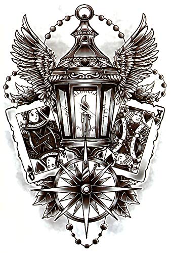 Large 5" x 7" Winged Angel Lantern Compass Rose Playing Cards Good Luck Journey Path Black Waterproof Temporary Tattoos 2 Sheets