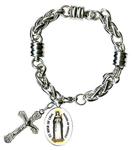 My Altar St Rose of Lima for Miracles Charm & Cross Stainless Steel 7" to 8" Bracelet