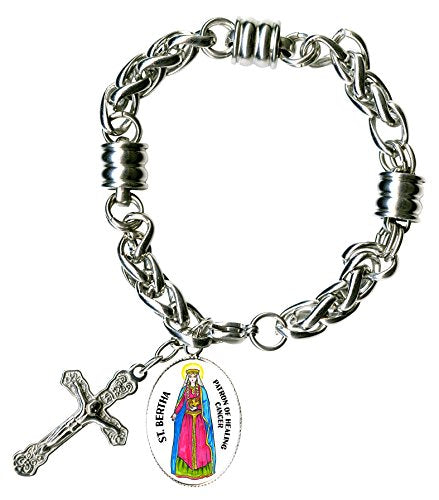 My Altar St Bertha Patron of Healing Cancer Charm & Cross Stainless Steel 7" to 8" Bracelet