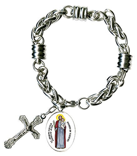 St Joseph Foster Father of Jesus & Cross Stainless Steel 7" to 8" Bracelet