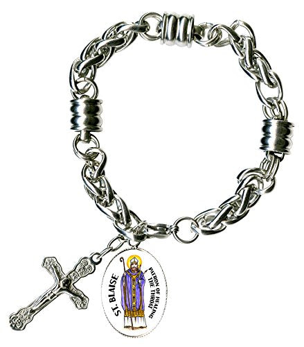 St Blaise for Healing the Throat Charm & Cross Stainless Steel 7" to 8" Bracelet