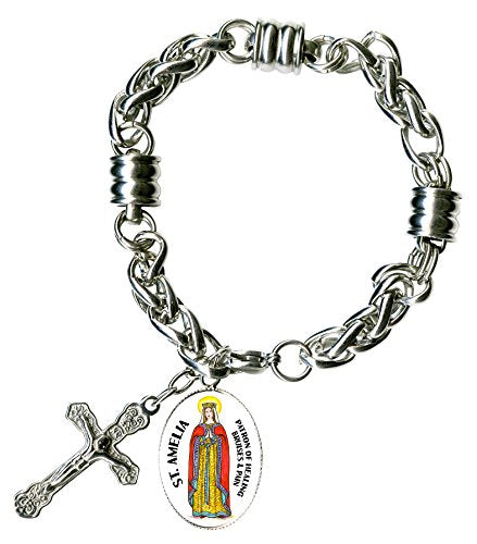 St Amelia Patron of Healing Bruises & Pain Charm & Cross Stainless Steel 7" to 8" Bracelet