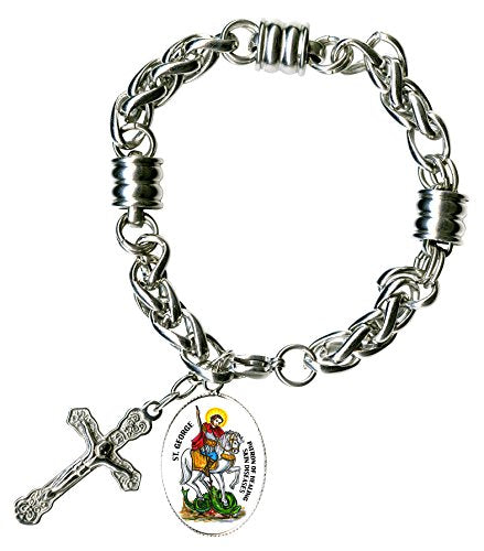St George for Healing Skin Diseases & Cross Stainless Steel 7" to 8" Bracelet