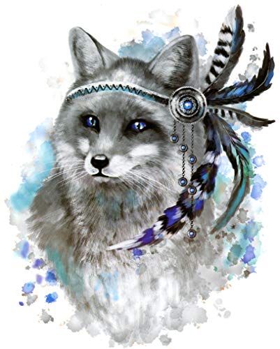 Boho Fox Black White Blue 5 1/2" x 7" Temporary Tattoos 2 Sheets