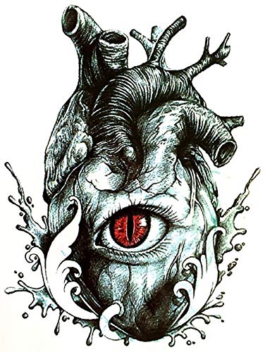 Large 5" x 7" Heart Anatomy and Red Psychic Eye Conceptual Art Black Waterproof Temporary Tattoos 2 Sheets