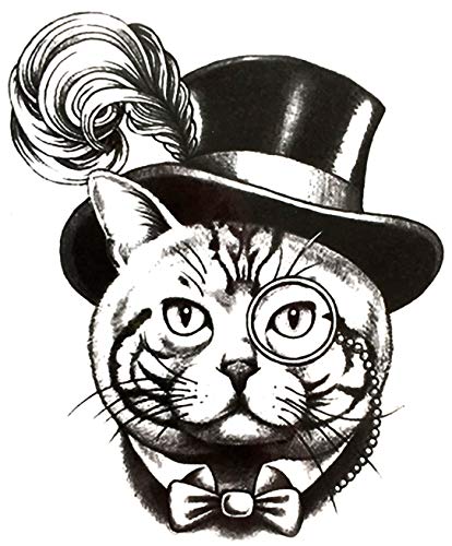 Large 6" Cat in a Top Hat Vintage Tuxedo Portrait Conceptual Art Large Black Waterproof Temporary Tattoos 2 Sheets