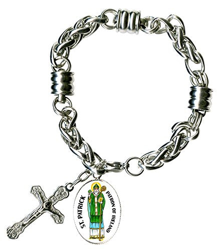 St Patrick Patron of Ireland Charm & Cross Stainless Steel 7" to 8" Bracelet