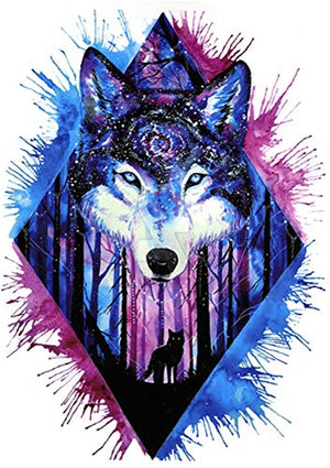 Wolf in the Woods Pink Blue Large 5 1/2" x 8" Temporary Tattoos 2 Sheets
