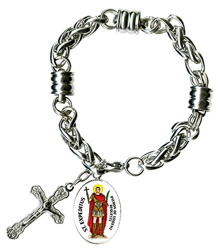 My Altar St Expeditus for Urgent Requests Charm & Cross Stainless Steel 7" to 8" Bracelet