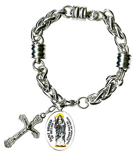 St Brigid of Irelands Miraculous Healing Power & Cross Steel 7" to 8" Bracelet
