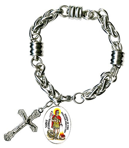 St Florian of Fire Disaster Protection Charm & Cross Stainless Steel 7" to 8" Bracelet