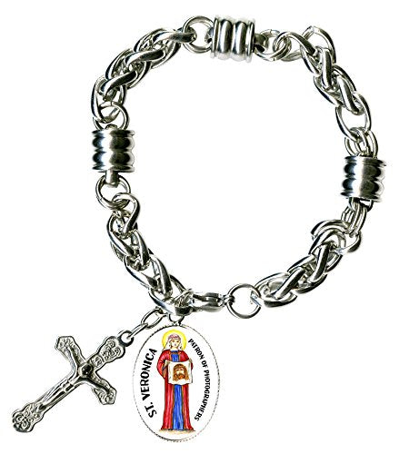 St Veronica of Photographers Charm & Cross Stainless Steel 7" to 8" Bracelet