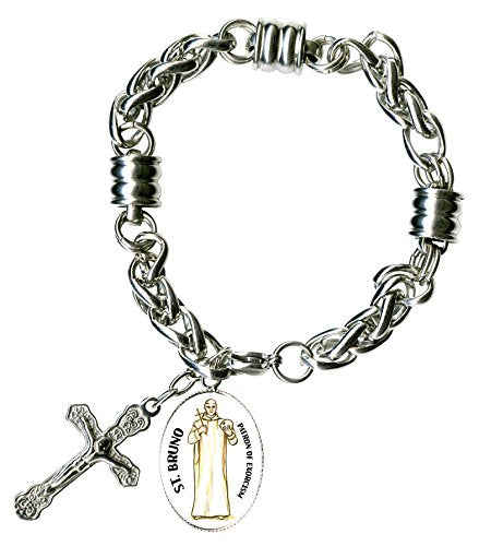 St Bruno Patron of Exorcism Charm & Cross Stainless Steel 7" to 8" Bracelet