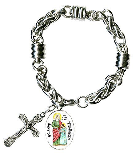 St Anne Holy Mother of Mary Charm & Cross Stainless Steel 7" to 8" Bracelet