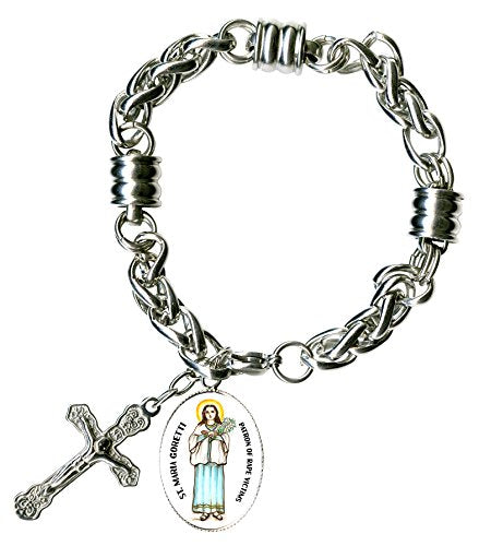 My Altar St Maria Goretti Patron of Rape Victims Charm & Cross Stainless Steel 7" to 8" Bracelet
