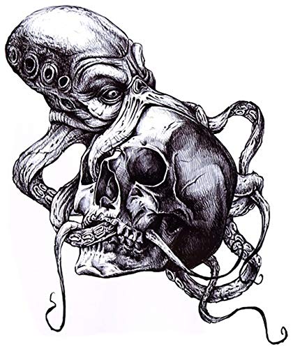 Large 6" Octopus and Skull Conceptual Nautical Art Black Waterproof Temporary Tattoos 2 Sheets
