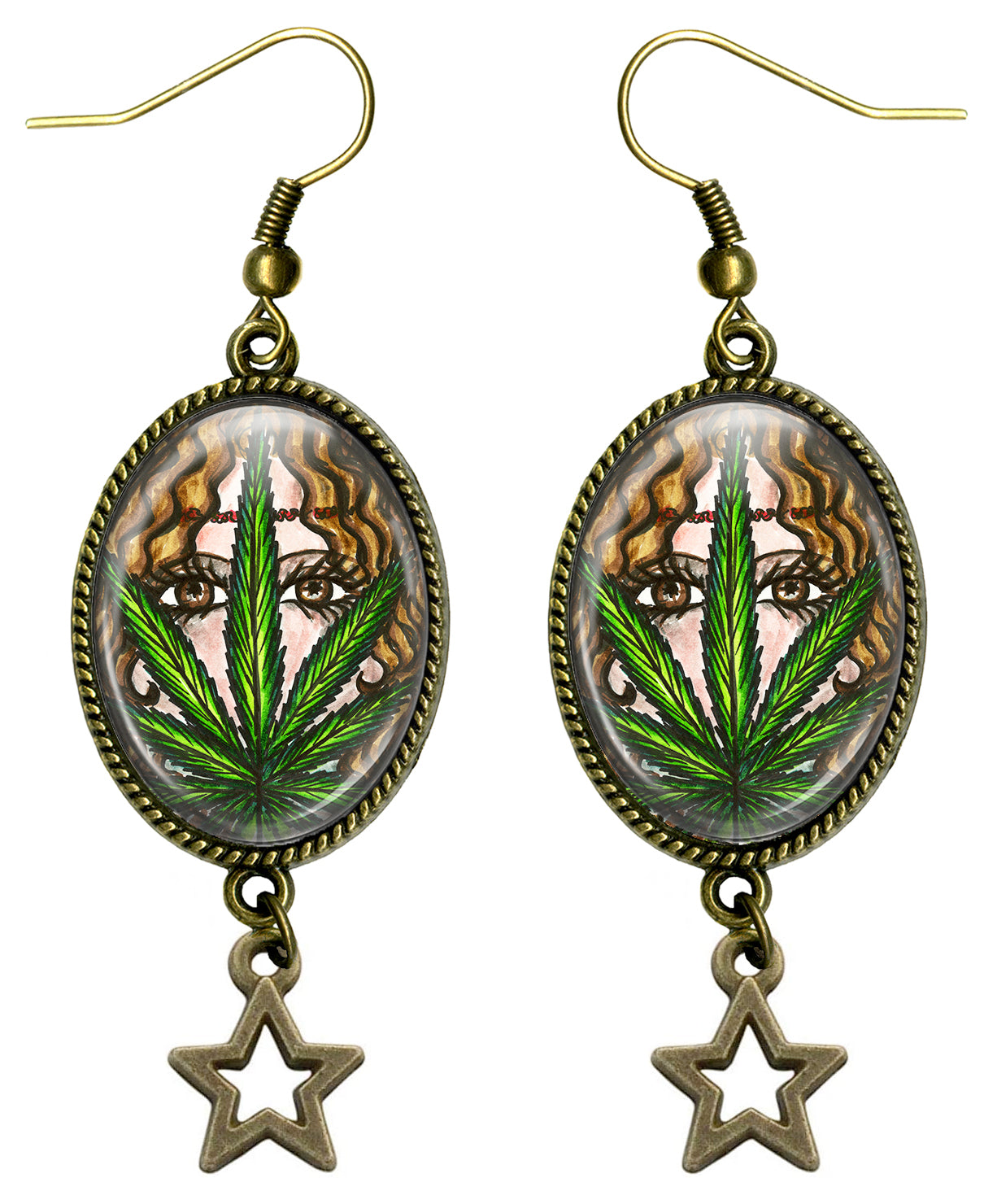 Boho Hemp Hippie Chick Glass Dome Gold Bronze Dangling Star Earrings